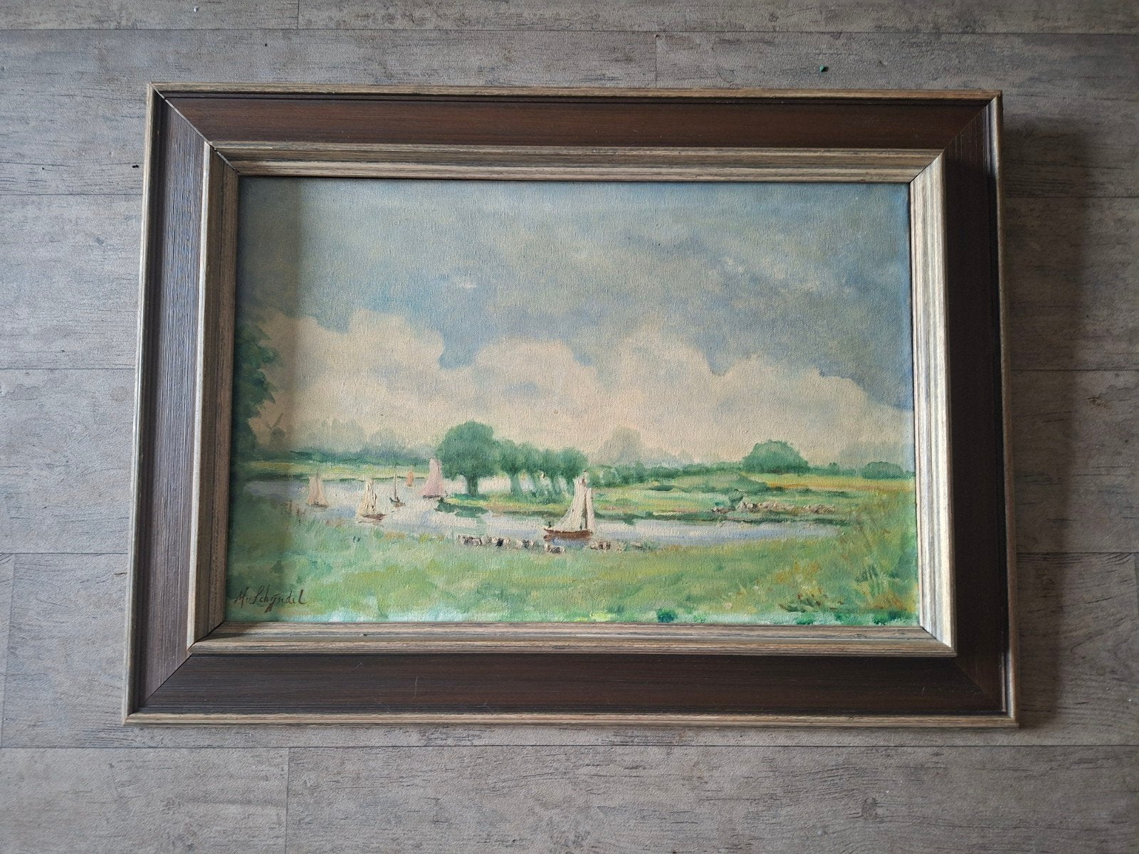 Schilderij Polderlandschap met Molen en Zeilboten, Antiek en Kunst, Ophalen