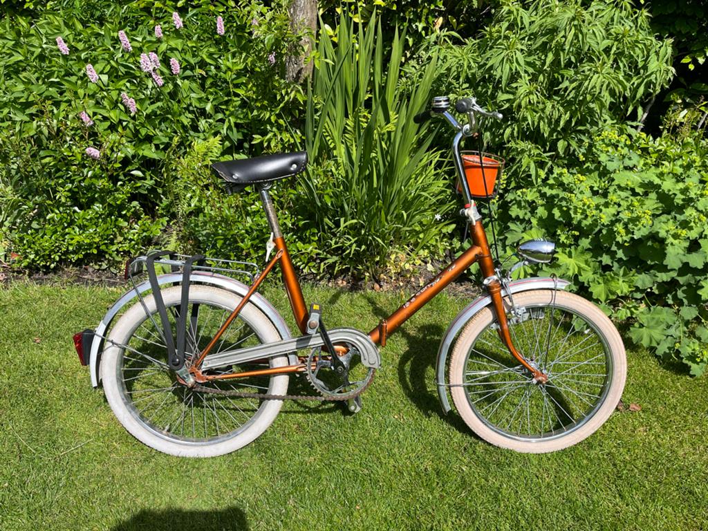 Vintage vouwfiets, oranje, 20 inch of meer, Gebruikt, Velgrem, Totaal opvouwbaar