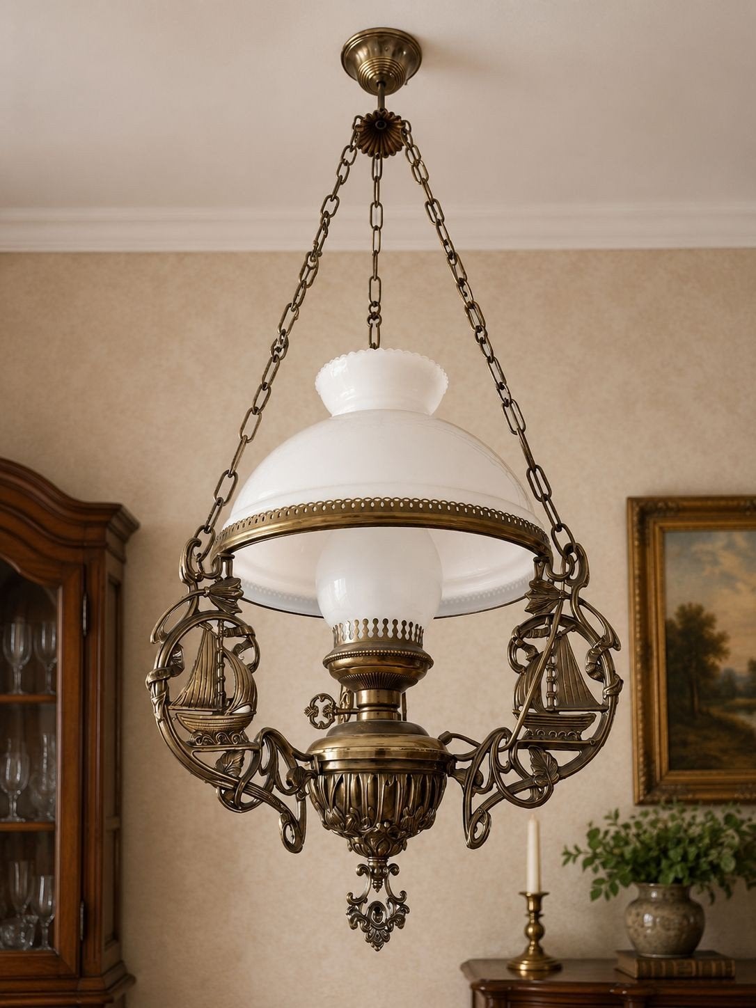 Antieke hanglamp met scheepsdecoratie, Antiek en Kunst, Ophalen
