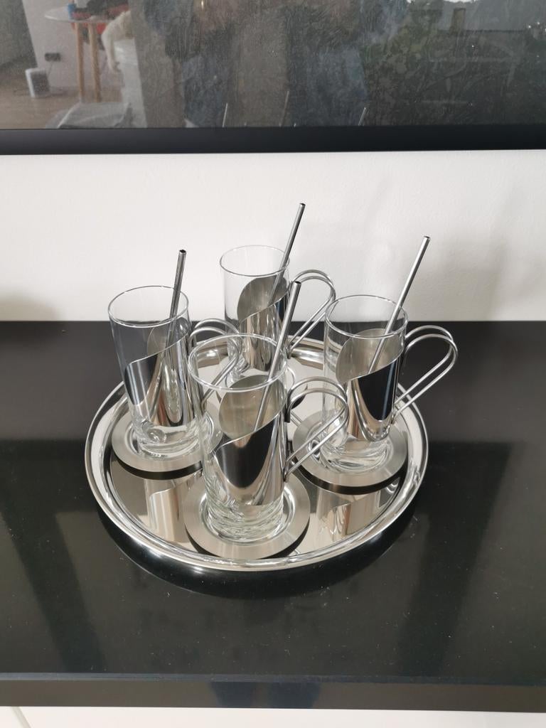 Hoge koffieglazen set met dienblad, schotels en lepels, Glas of Glazen, Ophalen of Verzenden, Effen, Glas