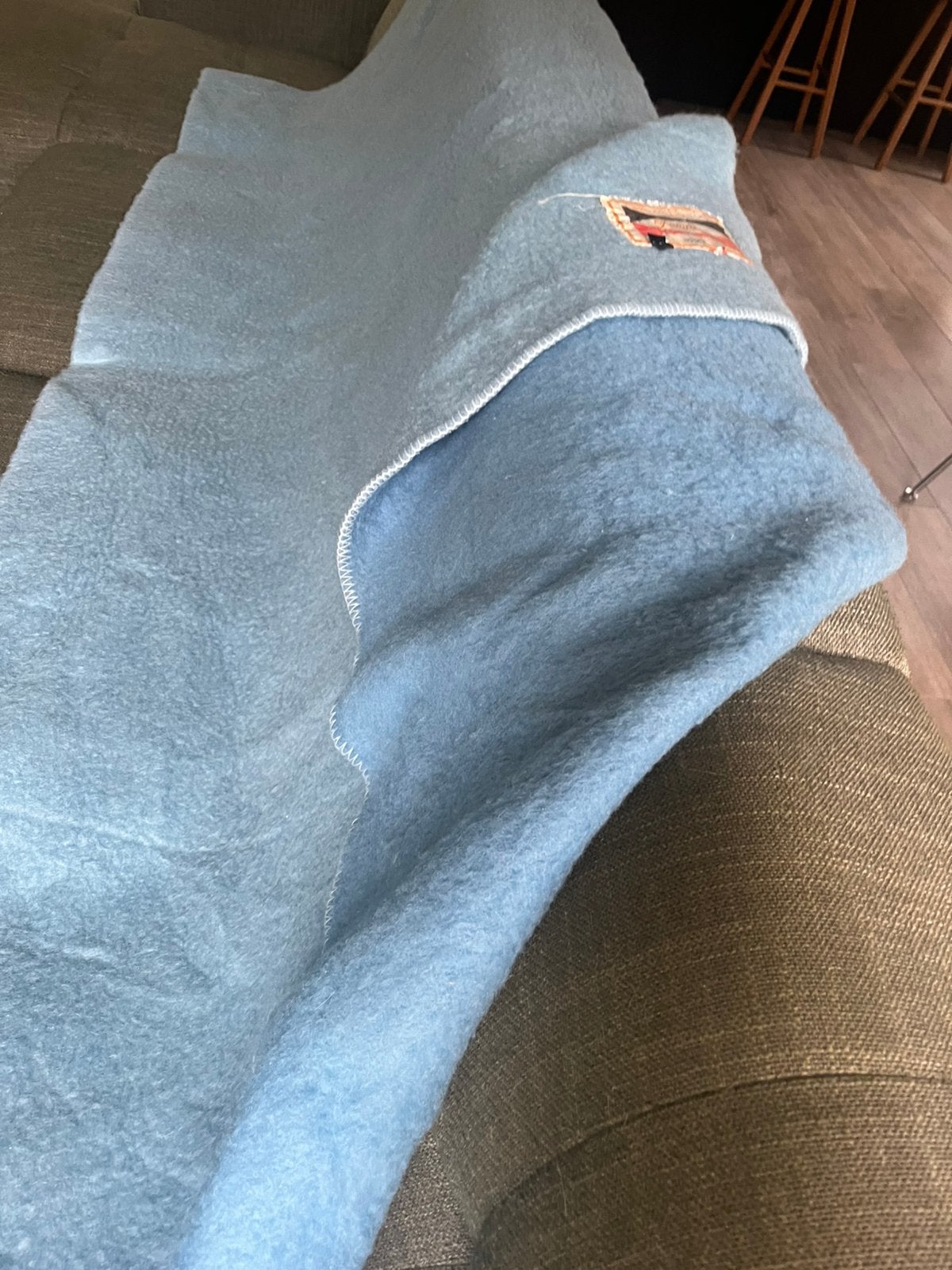 Mooie blauwe wollen vintage deken, Ophalen of Verzenden, Gebruikt