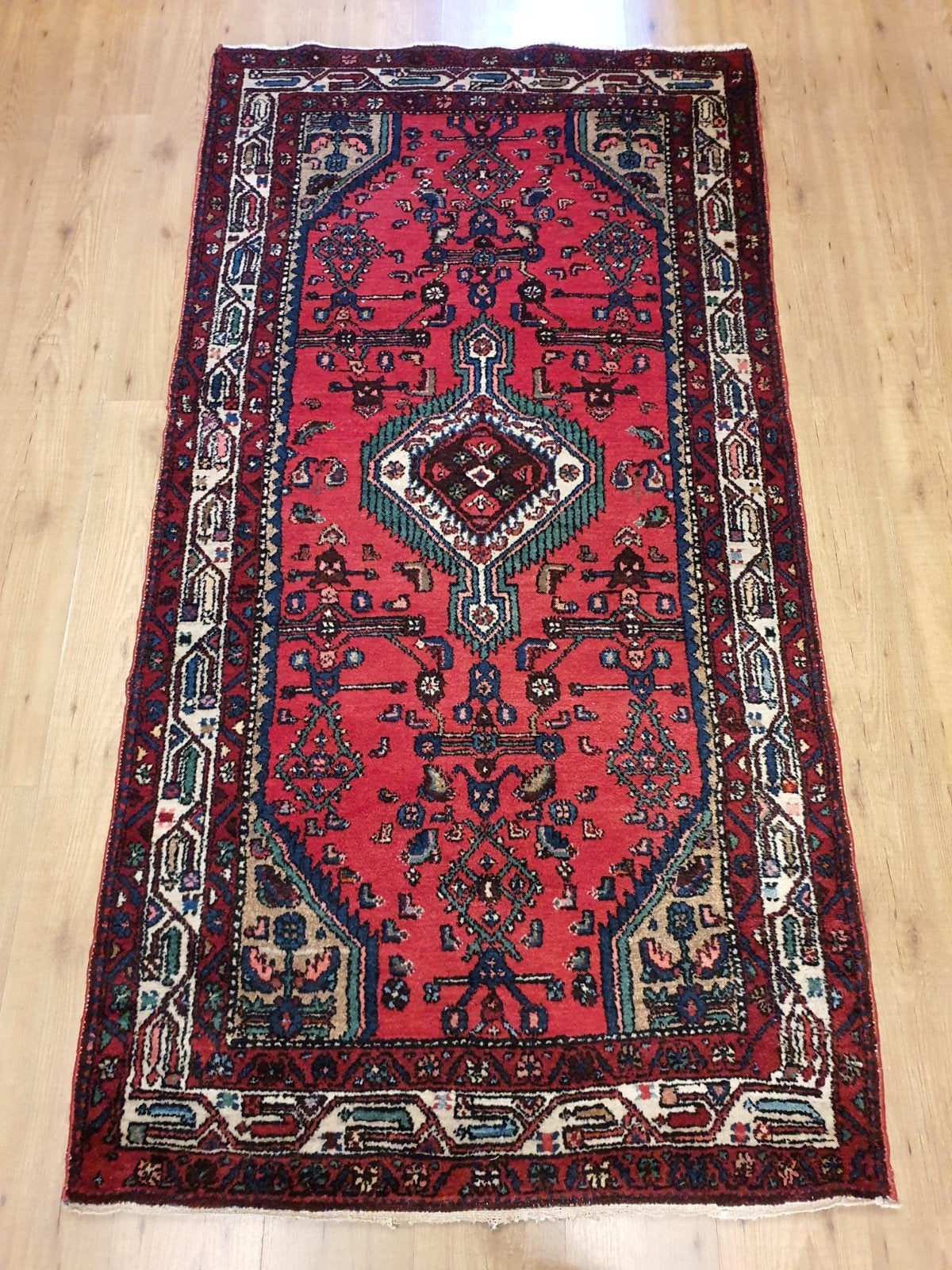 Vintage handgeknoopt perzisch tapijt hamadan 216x112, Info@SlatsAntiek.nl, Tweedehands, 100 tot 150 cm, Perzisch