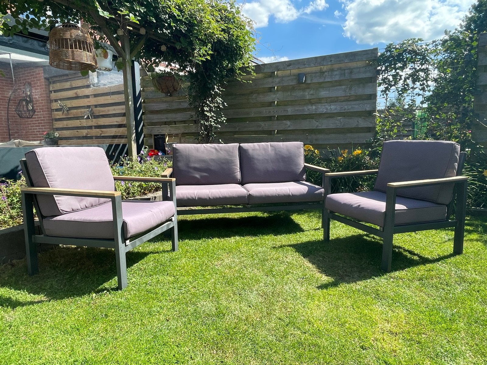 Le Sud Tuinset met houten armleuningen, Tuin en Terras, Tuinsets en Loungesets, Ophalen, 4 zitplaatsen, Gebruikt, Aluminium
