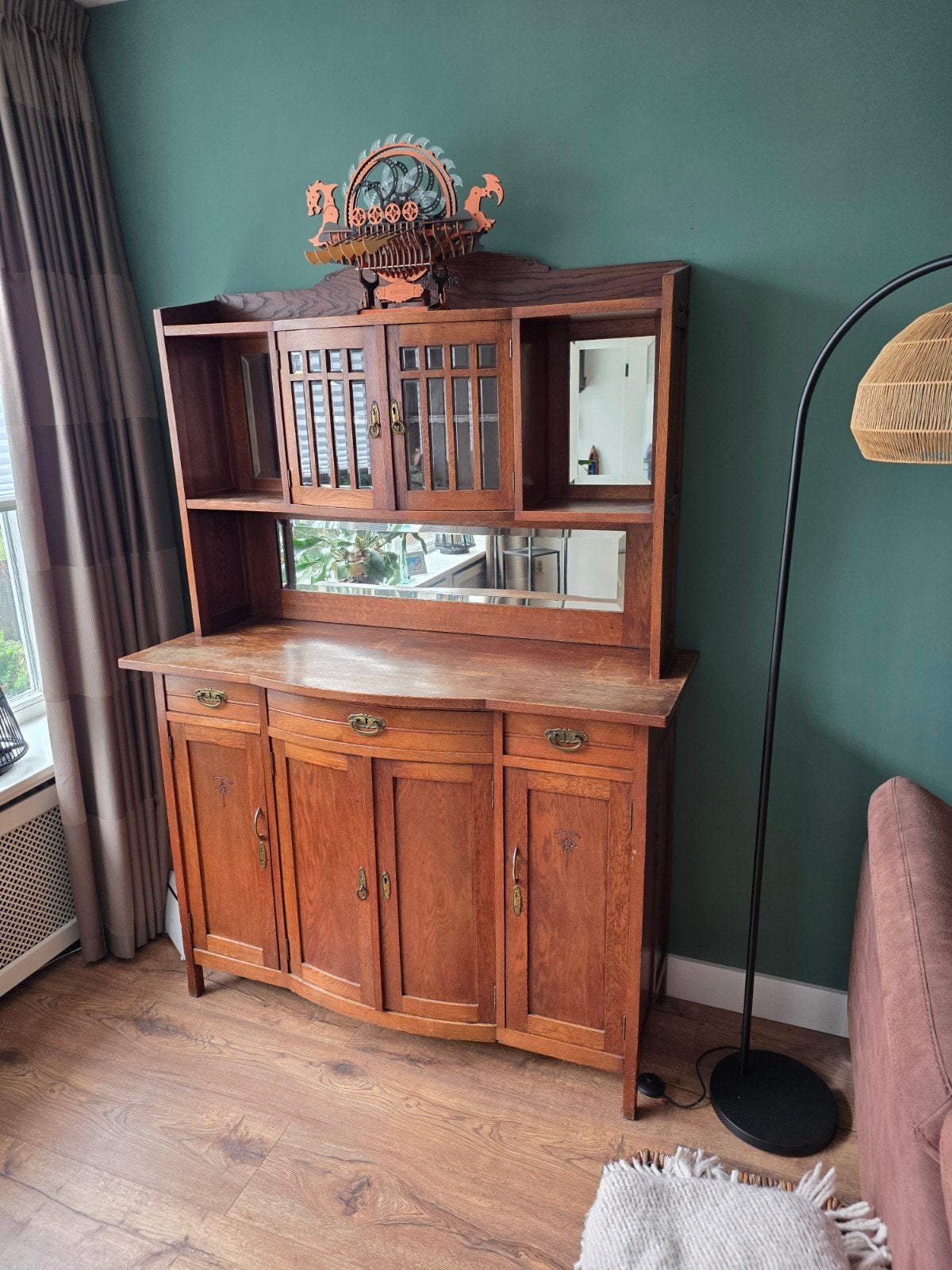 Antiek Eiken Dressoir met Vitrine en Spiegels, Antiek en Kunst, Ophalen