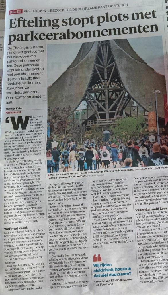 Efteling stopt met Parkeerabonnementen Krantenartikel, Ophalen of Verzenden, 1980 tot heden, Nederland, Knipsel(s)