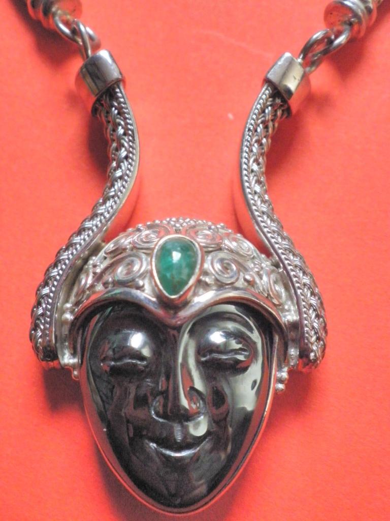 Prachtig Apart Lang Zilveren Collier met Gezicht van Hemat, Sieraden, Tassen en Uiterlijk, Antieke sieraden, Verzenden, Zilver