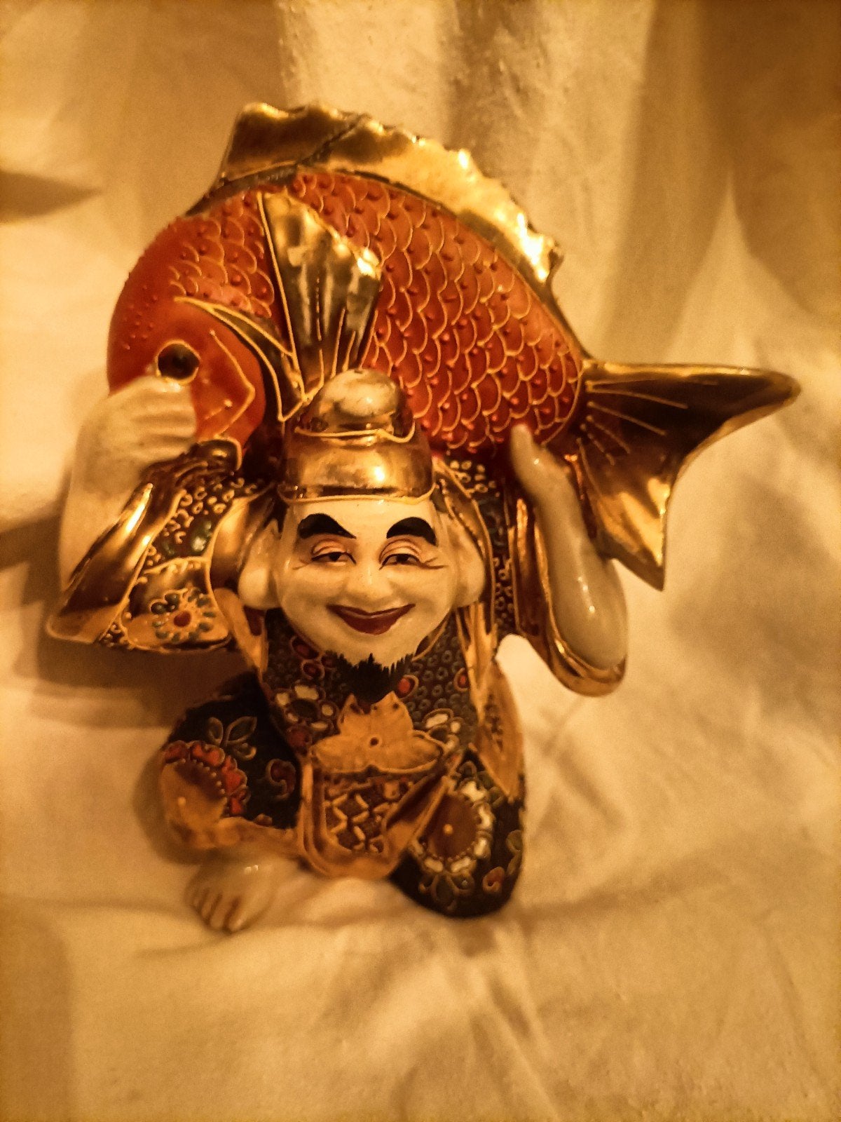 Vintage Japanse Hotei met Koi Vis Beeldje - Gelukssymbool, Ophalen of Verzenden