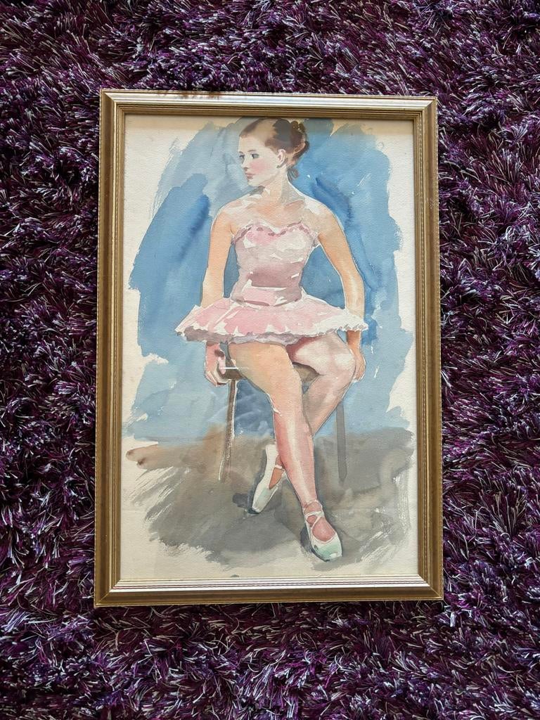Vintage aquarel schilderij van een ballerina, Antiek en Kunst, Kunst | Tekeningen en Foto's, Ophalen of Verzenden