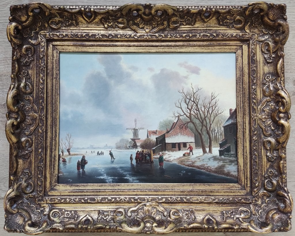 Eduard Pieter Moleveld (1946) - Wintergezicht met schaatsers, Doek, Ophalen of Verzenden, Olieverf, Klassiek