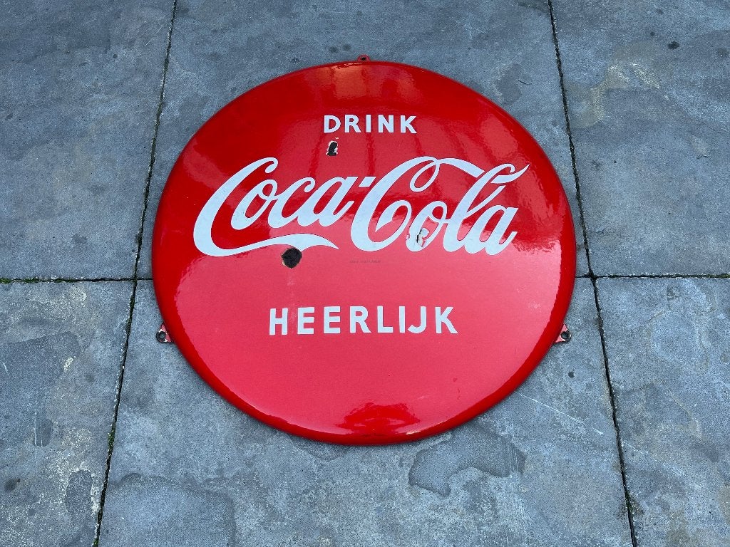 Origineel emaille reclame bord - Drink Coca Cola Heerlijk, Verzamelen, Ophalen of Verzenden, Gebruikt, Reclamebord