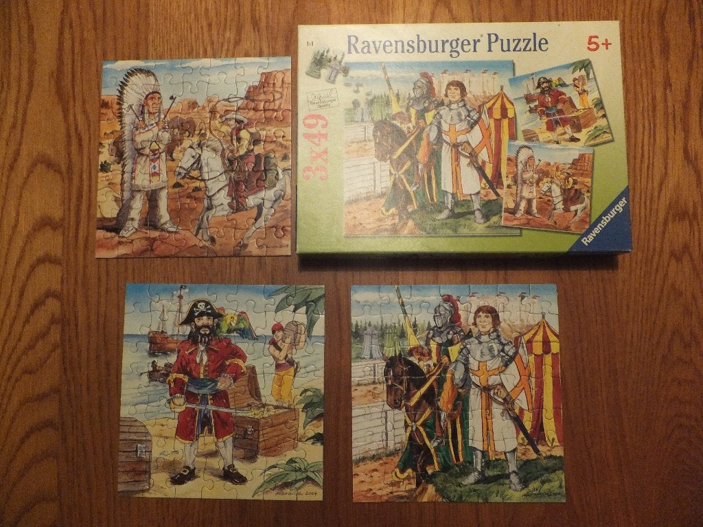 3x ravensburger puzzel 49 stukjes ridder, piraat en indiaan, Ophalen of Verzenden, 10 tot 50 stukjes, Zo goed als nieuw, 6 jaar of ouder