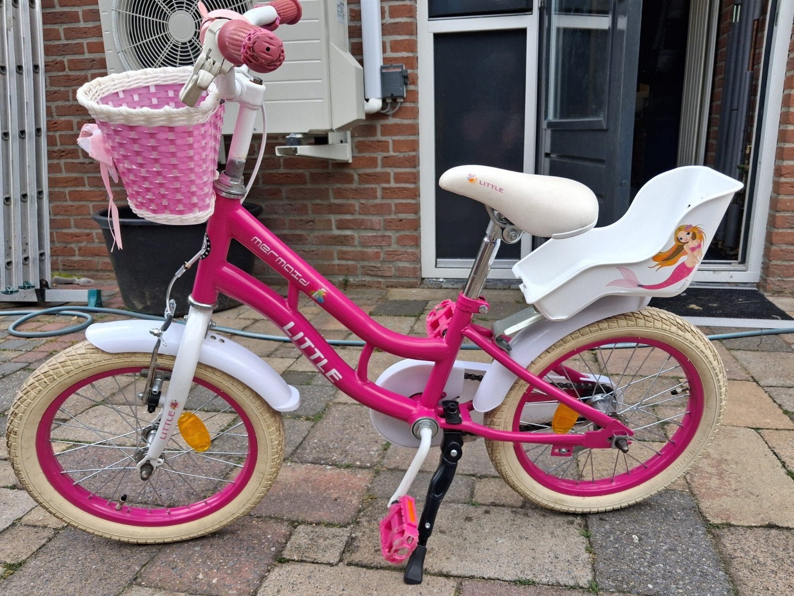 Roze kinderfiets met mandje en poppenzitje, Ophalen, Terugtraprem, Little, 16 tot 20 inch