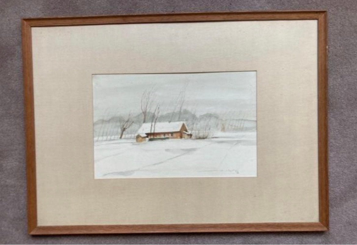 Ets "Winterlandschap" achter glas - 52 x 73 cm, Ophalen, Landschap, Ets, Ingelijst