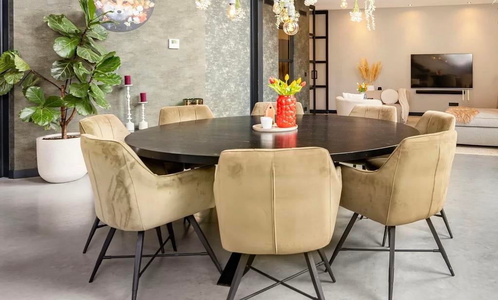 Grote ronde eettafel met 8 stoelen Tolbert, Huis en Inrichting, Ophalen, Gebruikt, Rond, Vijf personen of meer