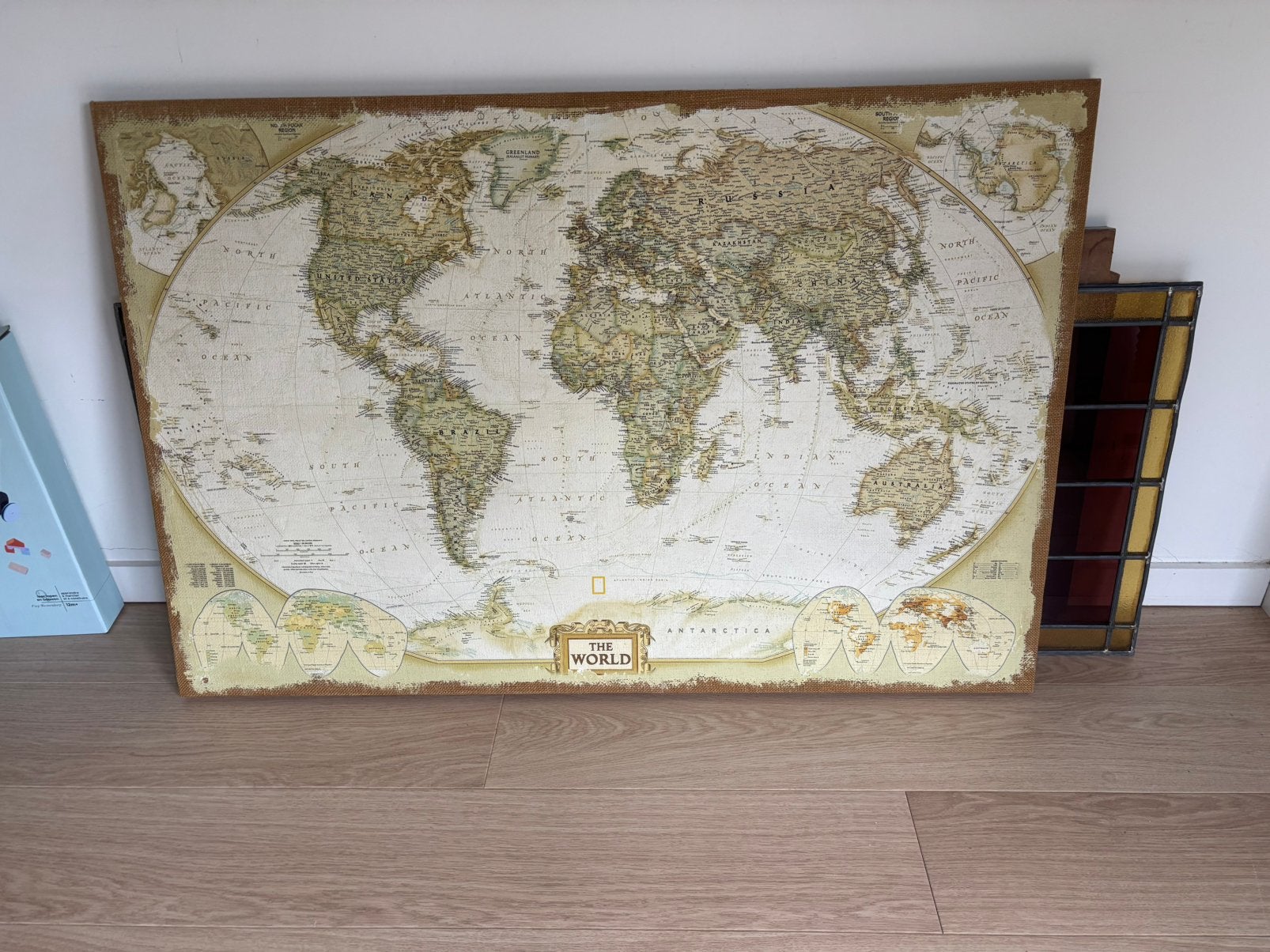 Vintage Grote Linnen Wereldkaart, Verzenden, 100 tot 125 cm, 75 cm of meer, Print