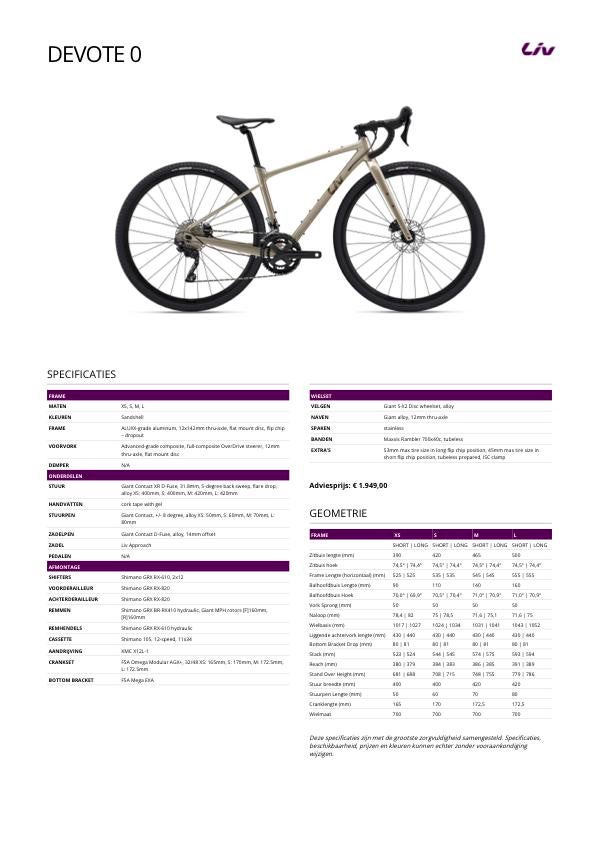 Liv Devote 0 - gravelbike - Sandshell - maat XS, Fietsen en Brommers, Fietsen | Dames | Sportfietsen en Toerfietsen, Ophalen, Giant