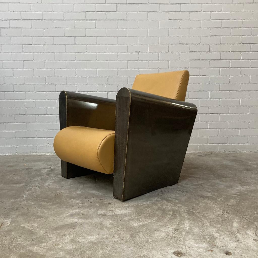 Design fauteuil stoel leer en staal, Huis en Inrichting, Fauteuils, Ophalen, Gebruikt, 50 tot 75 cm, Leer
