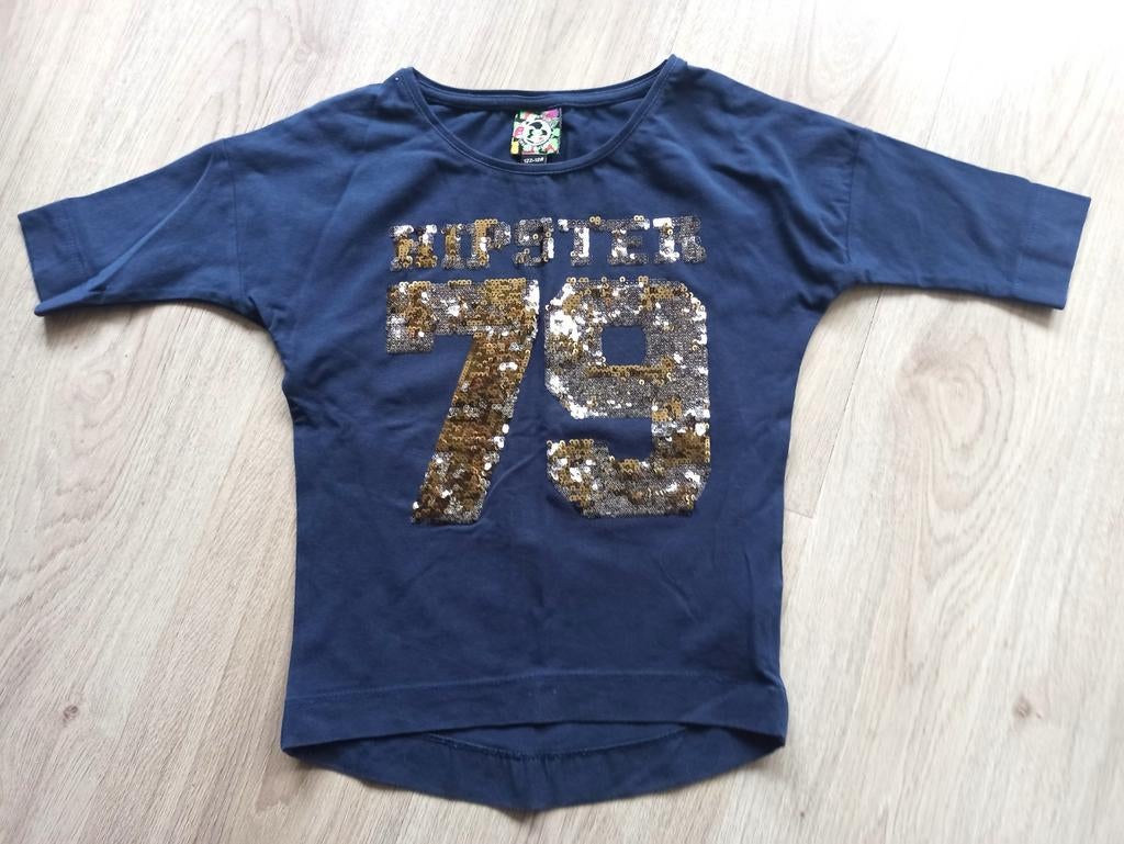 Donkerblauw coolcat-shirt met pailletten maat 122-128, Ophalen of Verzenden