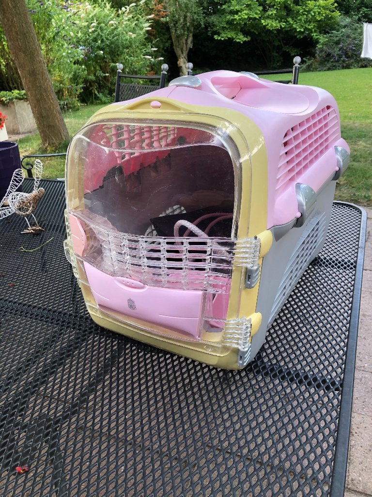 Kattencarrier roze met voerbakjes, Dieren en Toebehoren, Ophalen, Gebruikt