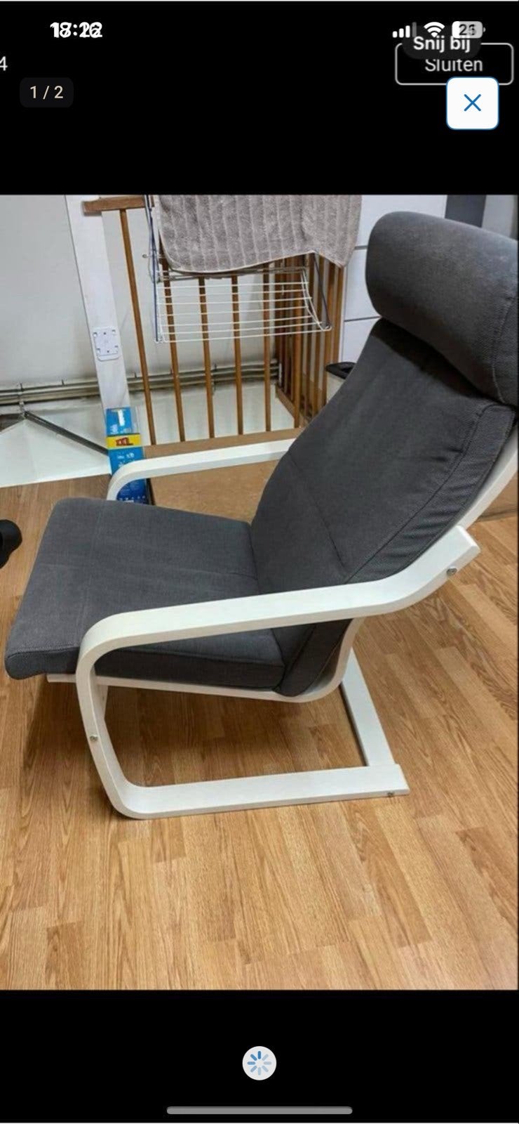 IKEA Poäng fauteuil met grijze kussens, Huis en Inrichting, Ophalen of Verzenden, Zo goed als nieuw, Hout, Eén