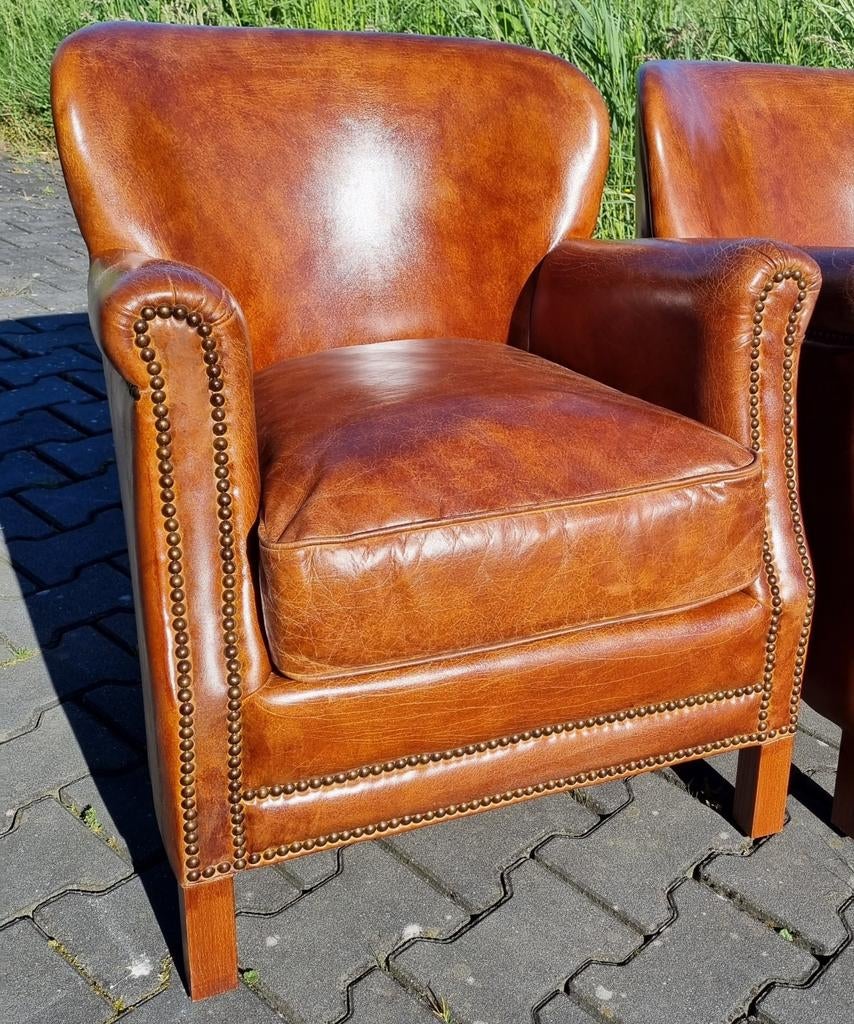 2x compacte Chesterfield fauteuil cognac vintage leer, ., Chesterfield, Nieuw, Ophalen of Verzenden