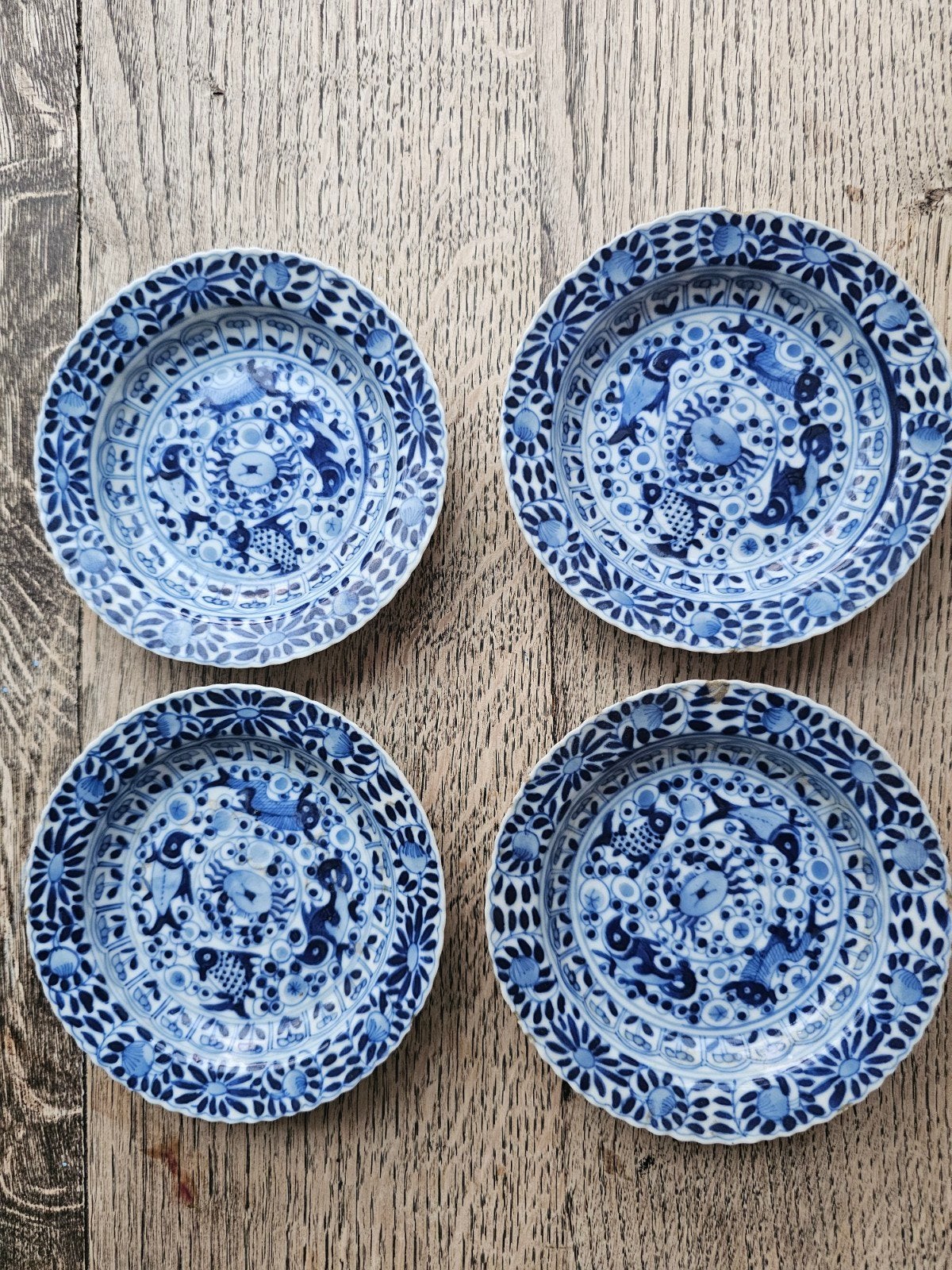 Set van 4 Antieke Chinese Blauw-Witte Porseleinen bordjes, Ophalen of Verzenden