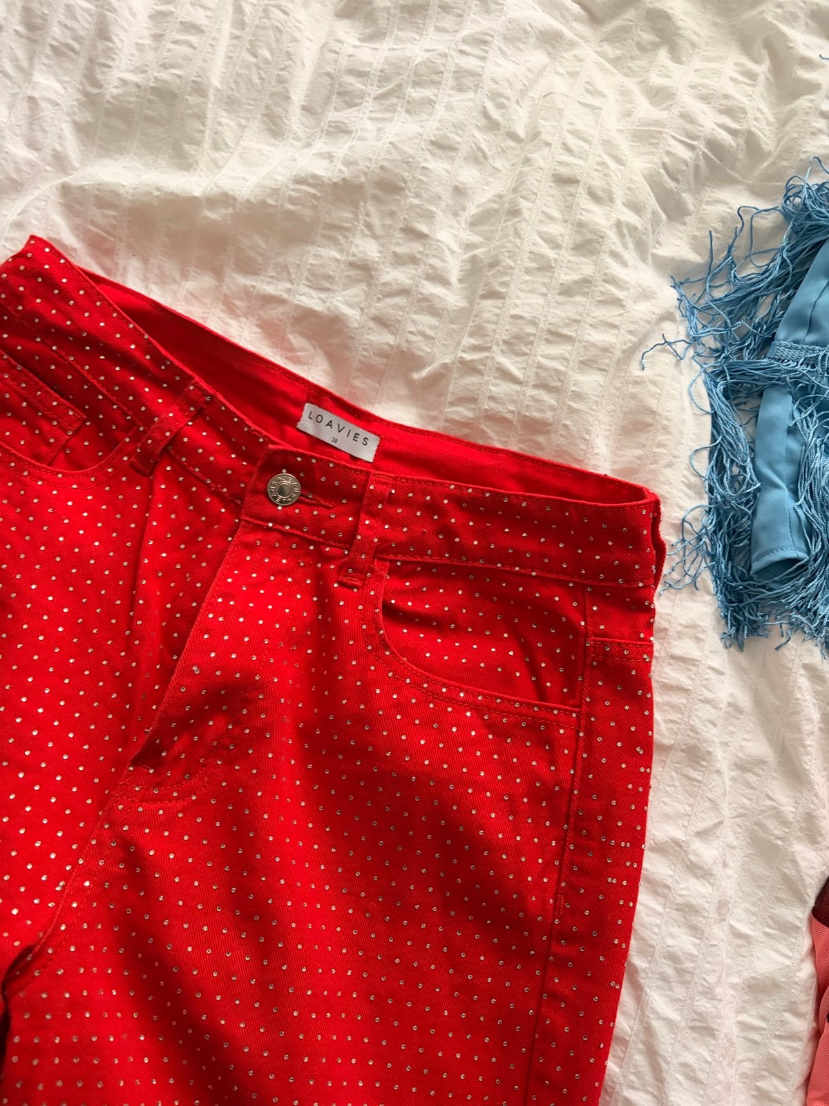 Rode glitter broek Loavies, Kleding | Dames, Broeken en Pantalons, Ophalen of Verzenden, Gedragen, Maat 38/40 (M), Rood