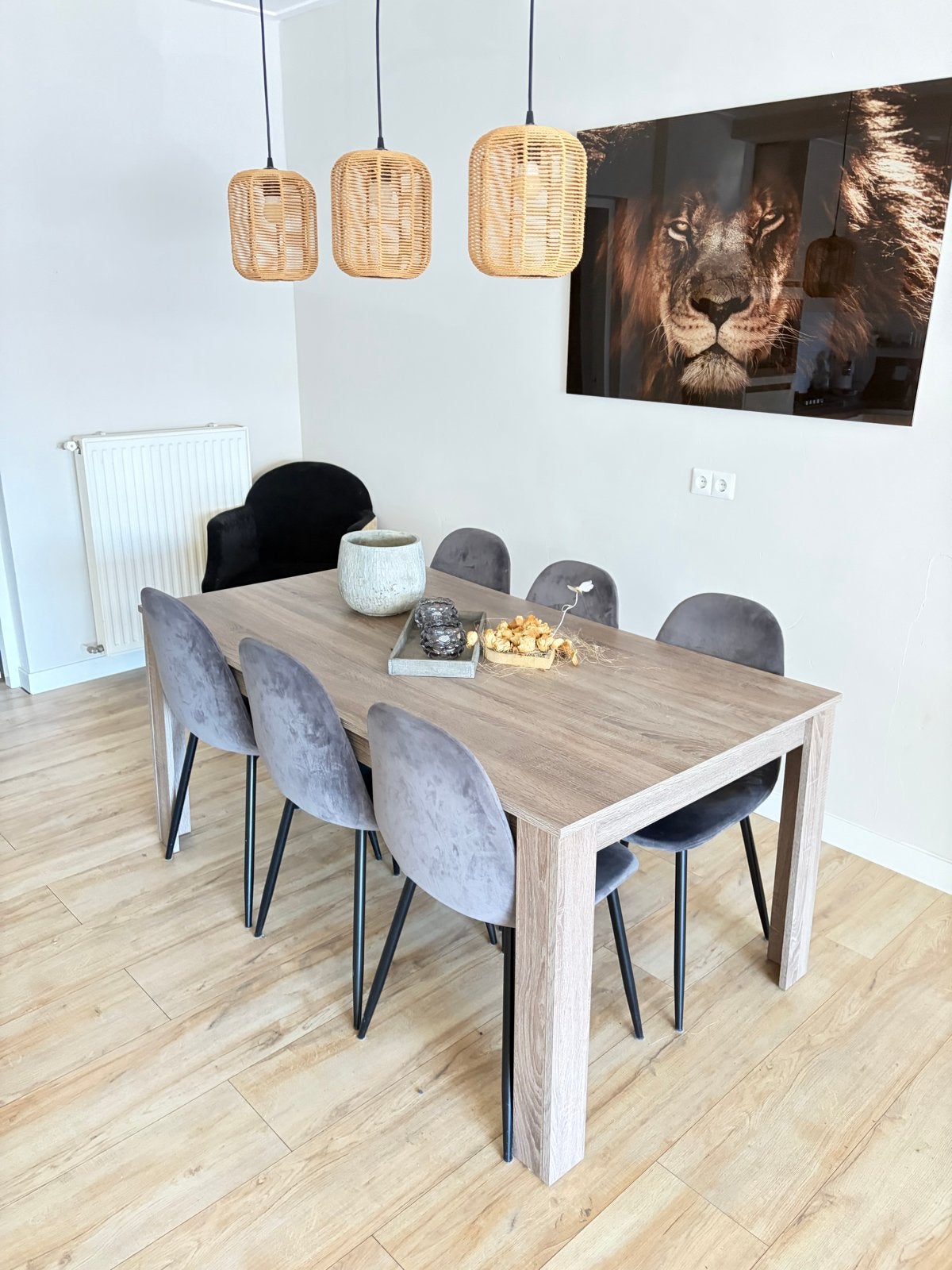 Moderne eettafel met 6 fluwelen stoelen, Ophalen, Gebruikt, Grijs, Vijf, Zes of meer stoelen