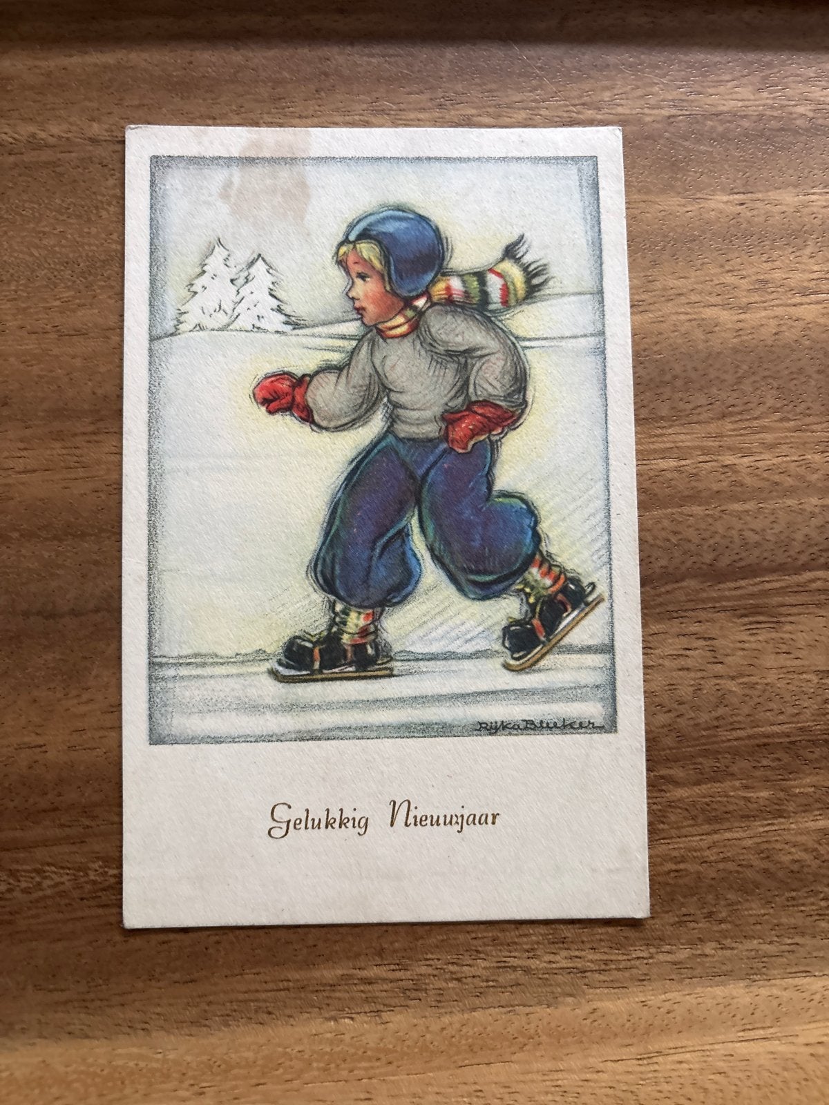 Vintage Nieuwjaarskaart Schaatsende Jongen Rijka Blinker, Verzenden, 1940 tot 1960, Gelopen