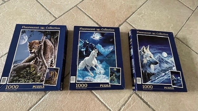 Fluorescent Clementoni puzzels 1000 stuks wolf, witte paard, Ophalen of Verzenden, 500 t/m 1500 stukjes, Gebruikt