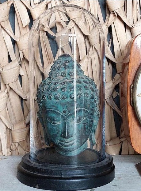 Oud bronzen Boeddhahoofd in stolp Boeddha, Metaal, T, Ophalen of Verzenden, N