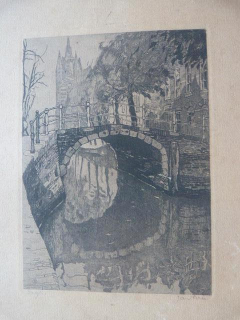 Jan Sirks  -  gracht in Delft., Antiek en Kunst, Kunst | Etsen en Gravures, Ophalen of Verzenden, Stadsgezicht, Ets, 1900 - 1949