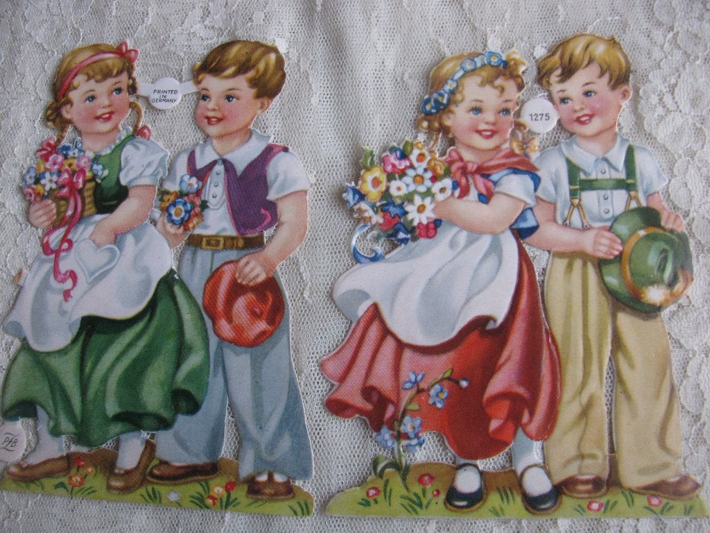 2 Grote Vintage Poesieplaatjes - Kinderen Bloemen 12 x 7.5, Verzamelen, Verzenden