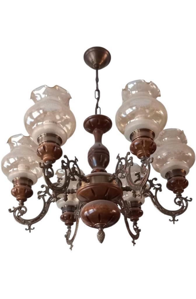 Vintage 3 stuk, Twee 6 armen kroonluchters en1wandlamp brons, Ophalen, Glas, Art deco - Brons en Mahoniehout