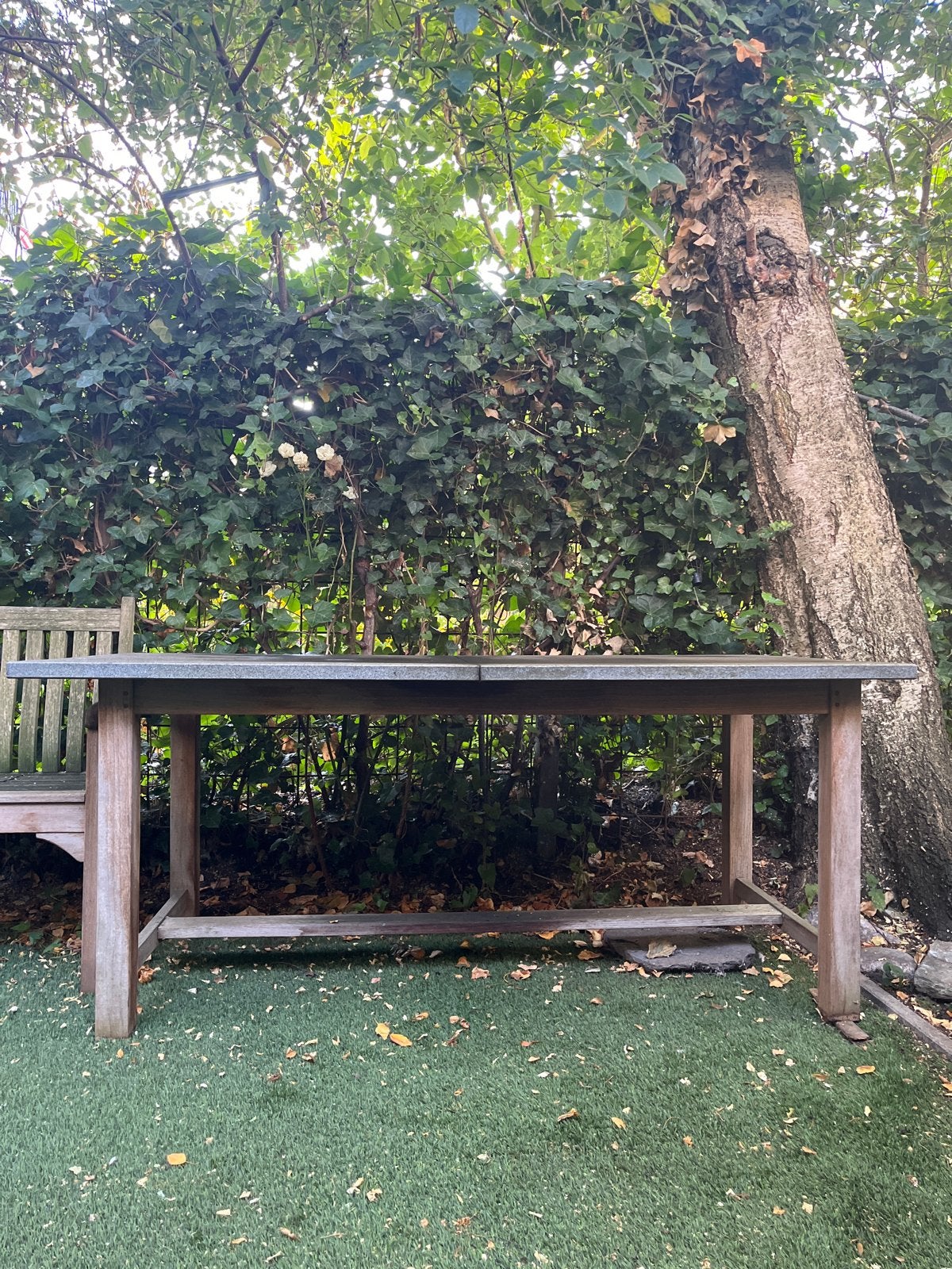 Houten tuintafel met granieten blad en 4 stoelen, Tuin en Terras, Ophalen, Gebruikt, Eettafel, Tuinset