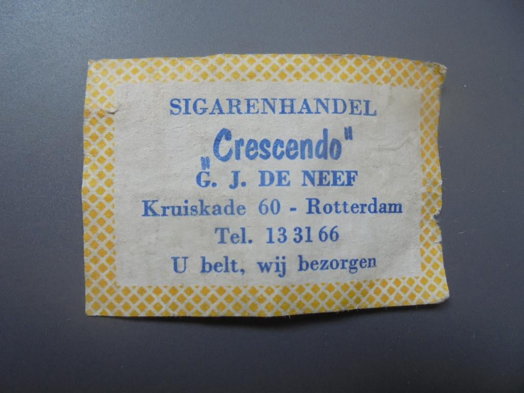 Oud lucifermerk sigarenhandel Crescendo ROTTERDAM G. de Neef, Verzamelen, Ophalen of Verzenden, Zo goed als nieuw, Luciferdoosjes of -merken