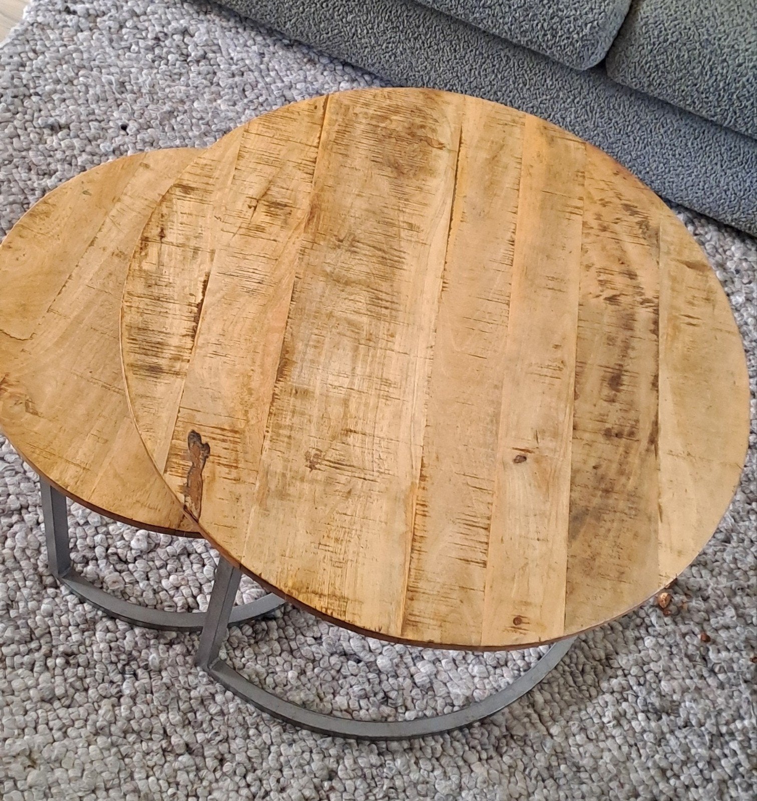 Set van 2 ronde salontafels, mango hout en metaal, 50 – 75, Gebruikt, 50 tot 100 cm, Rond