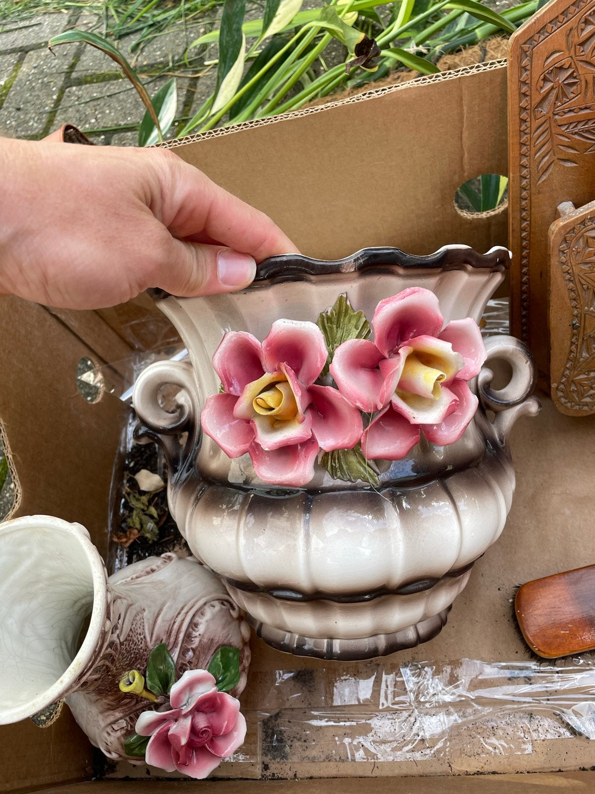 Vintage Keramische Vaas met Roze Bloemen, Ophalen