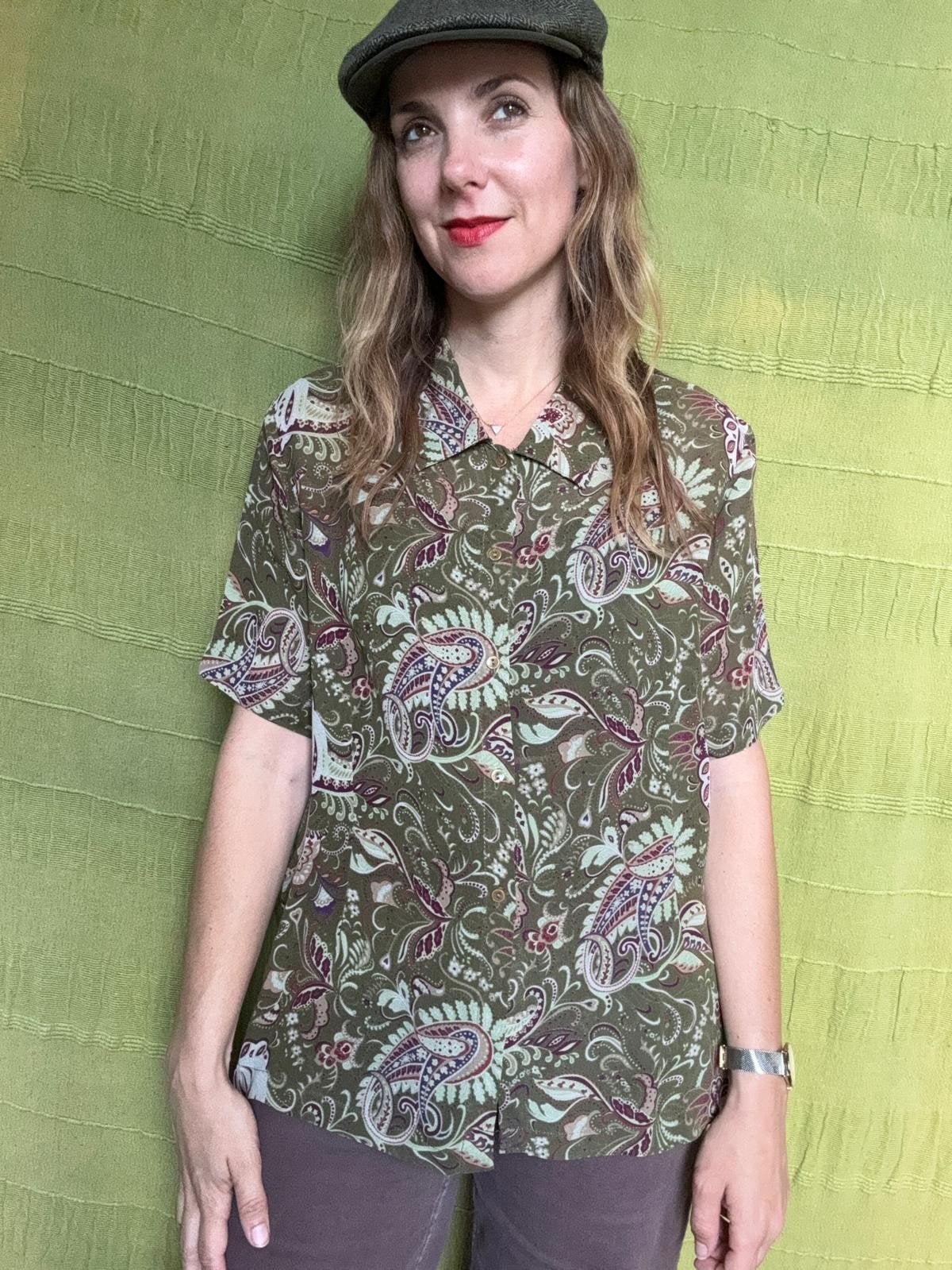 Vintage blouse, maat 42/XL - groen - patroon - 90's, Martelli, ,, Maat 42/44 (L), Ophalen of Verzenden