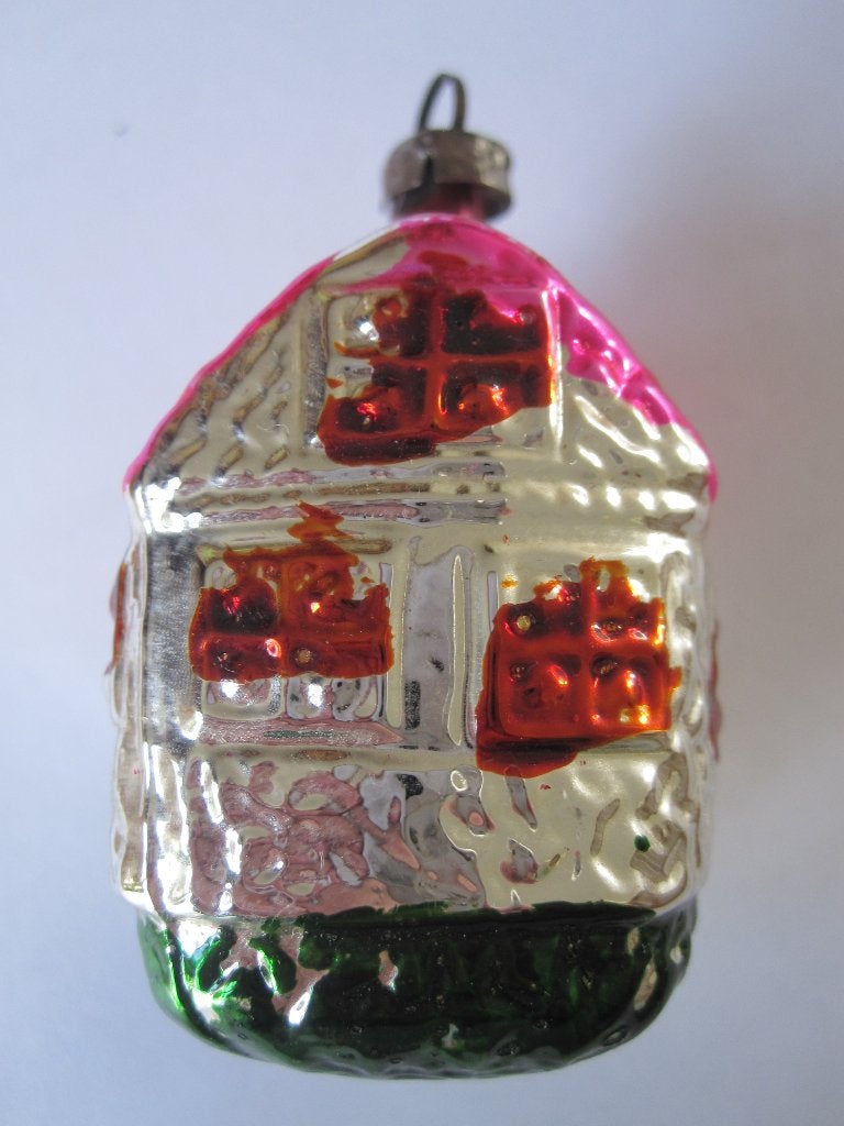 ( 22) Antiek vintage oude kerstbal: gekleurd Huisje dak roze, Ophalen of Verzenden, Gebruikt