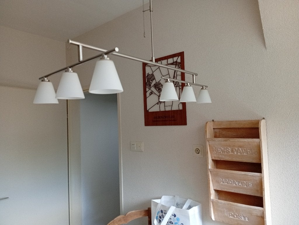 Hanglamp chroom met 6 witte kelken, Ophalen of Verzenden, Glas