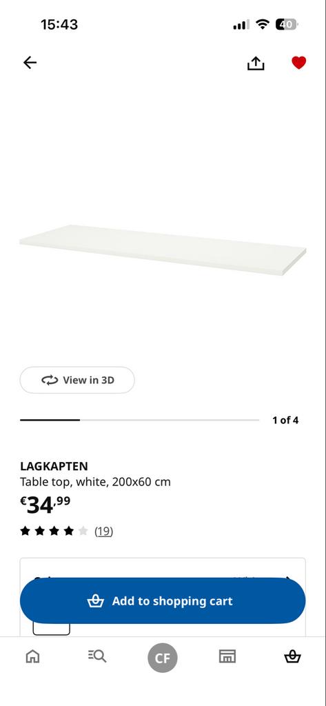 IKEA LAGKAPTEN Tafelblad Wit 200x60 cm, Overige materialen, Zo goed als nieuw, Rechthoekig, 50 tot 100 cm