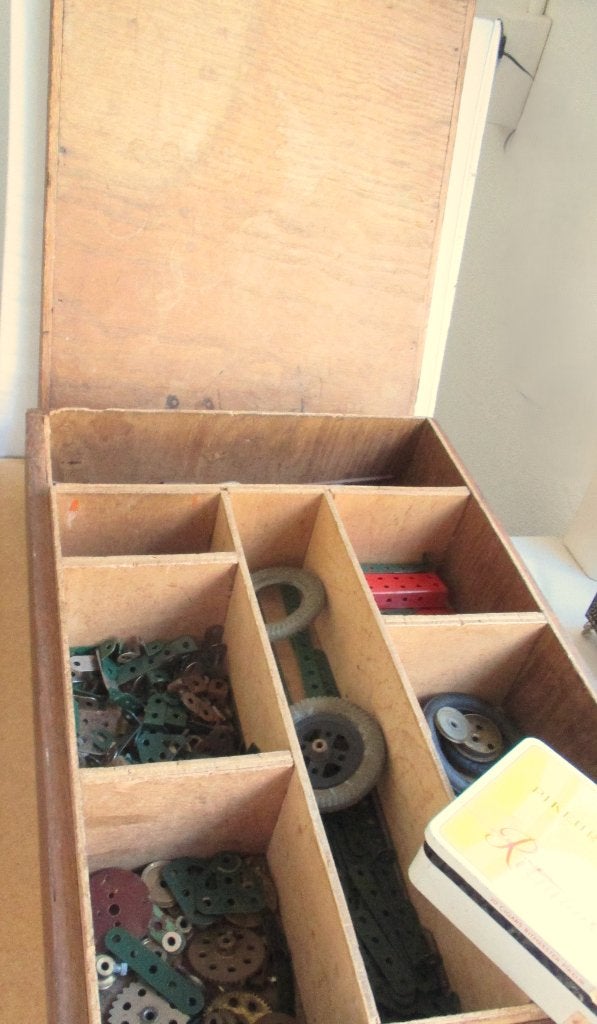 Meccano~Antiek Speelgoed Houten Bewaardoos+ extra box constr, Ophalen