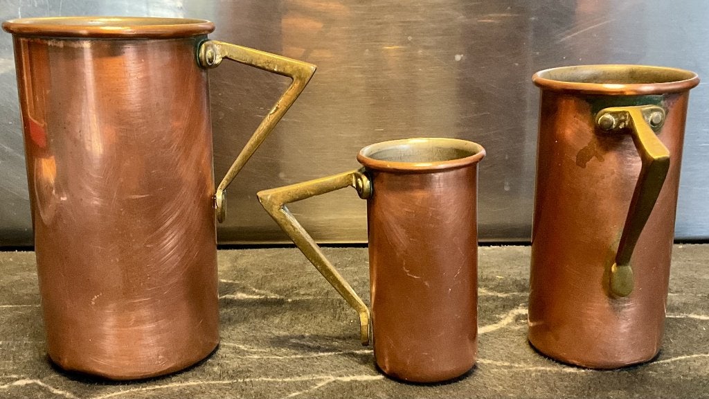 Vintage Set van 3 Maatbekers van Koper en Tin, Ophalen, Metaal, Meerkleurig, Overige merken