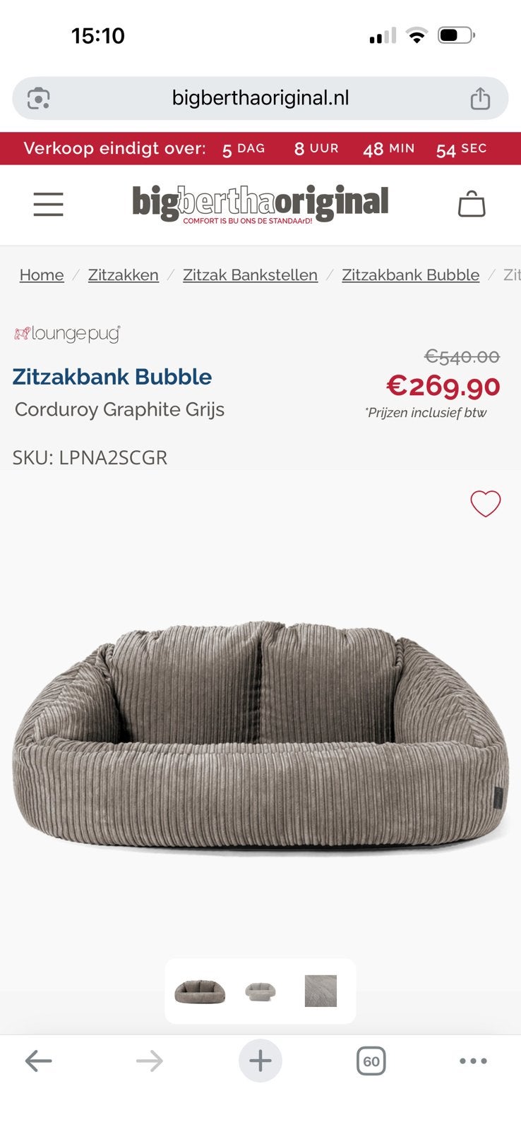 Zitzak bank, Corduroy Graphite Grijs, Huis en Inrichting, Ophalen, Zo goed als nieuw, Vierpersoons of meer