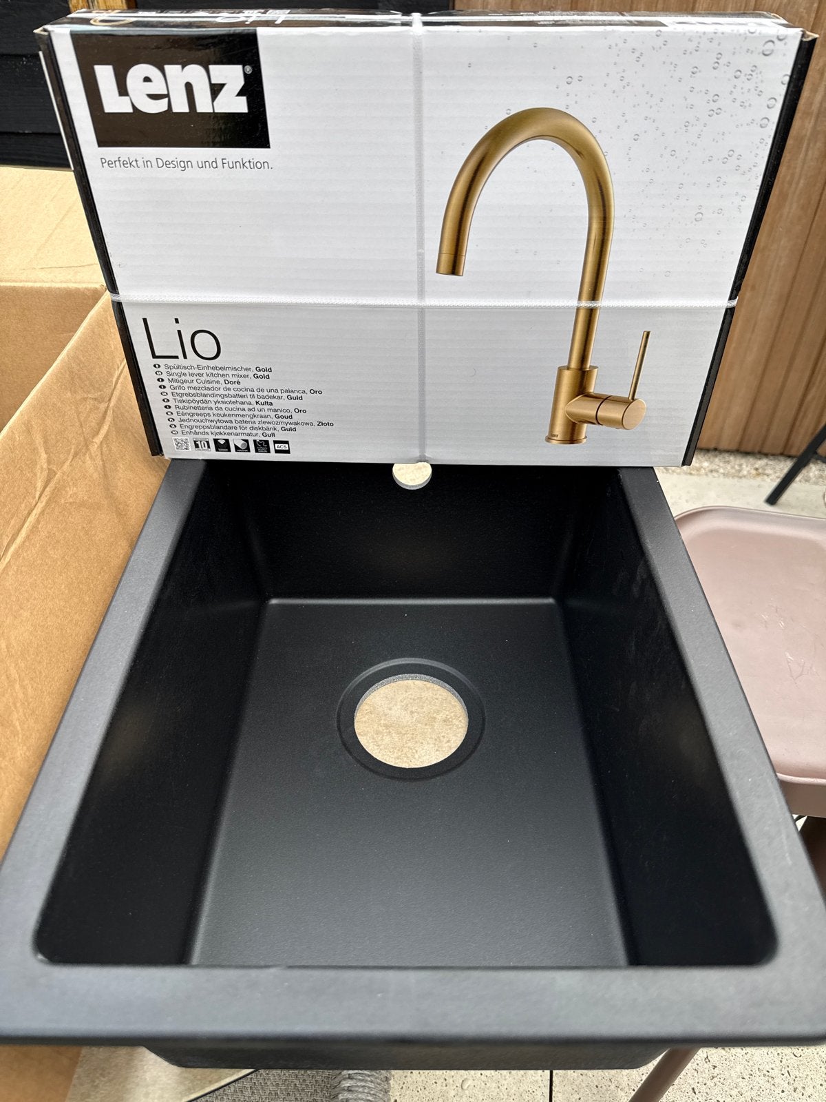 Lenz Lio Keukenkraan Goud & Zwarte Spoelbak, Overige typen, Kunststof, Nieuw, Ophalen of Verzenden