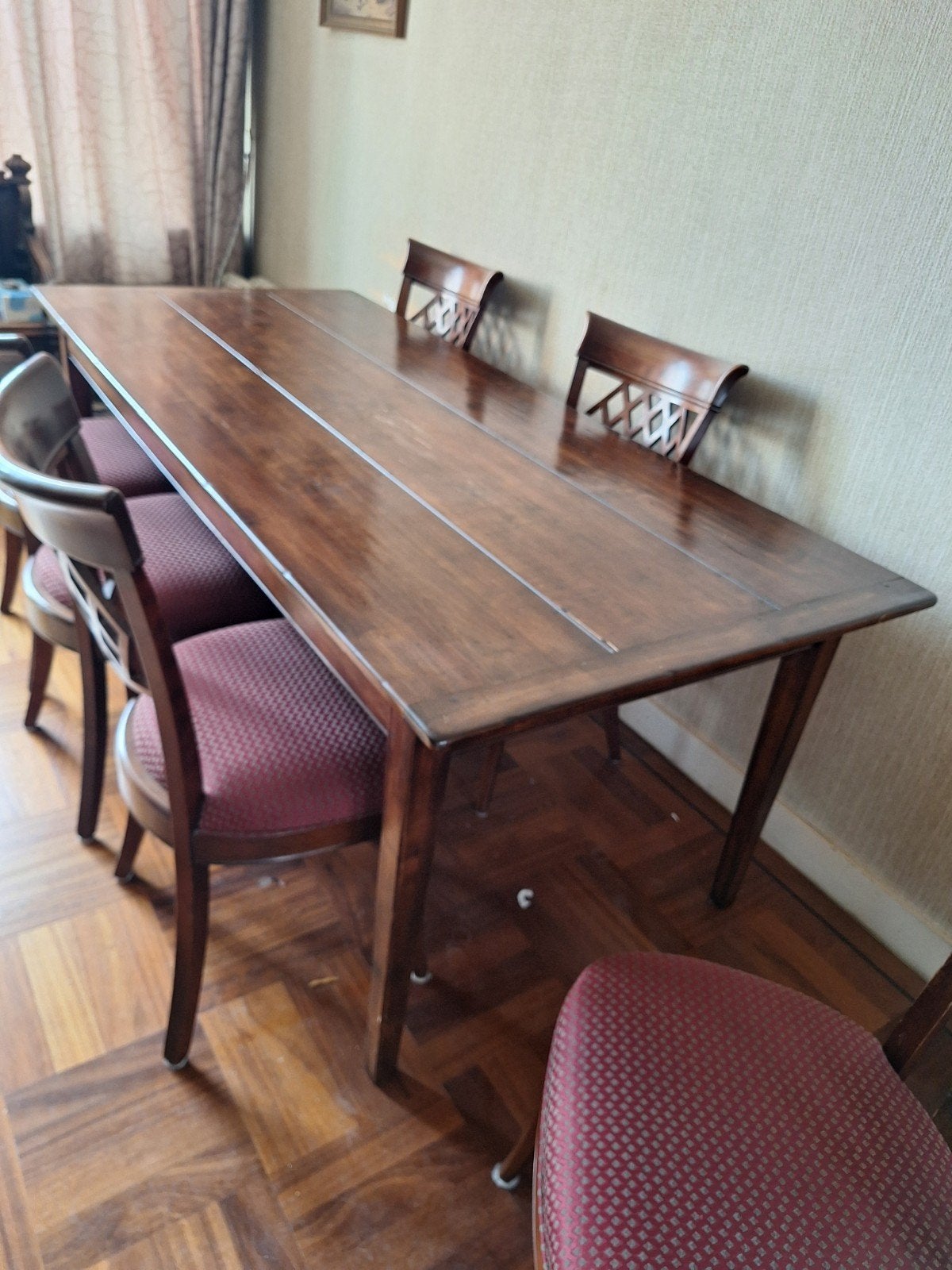 kersenhouten eettafel met 6 stoelen., Ophalen, Gebruikt, 200 cm of meer, 50 tot 100 cm