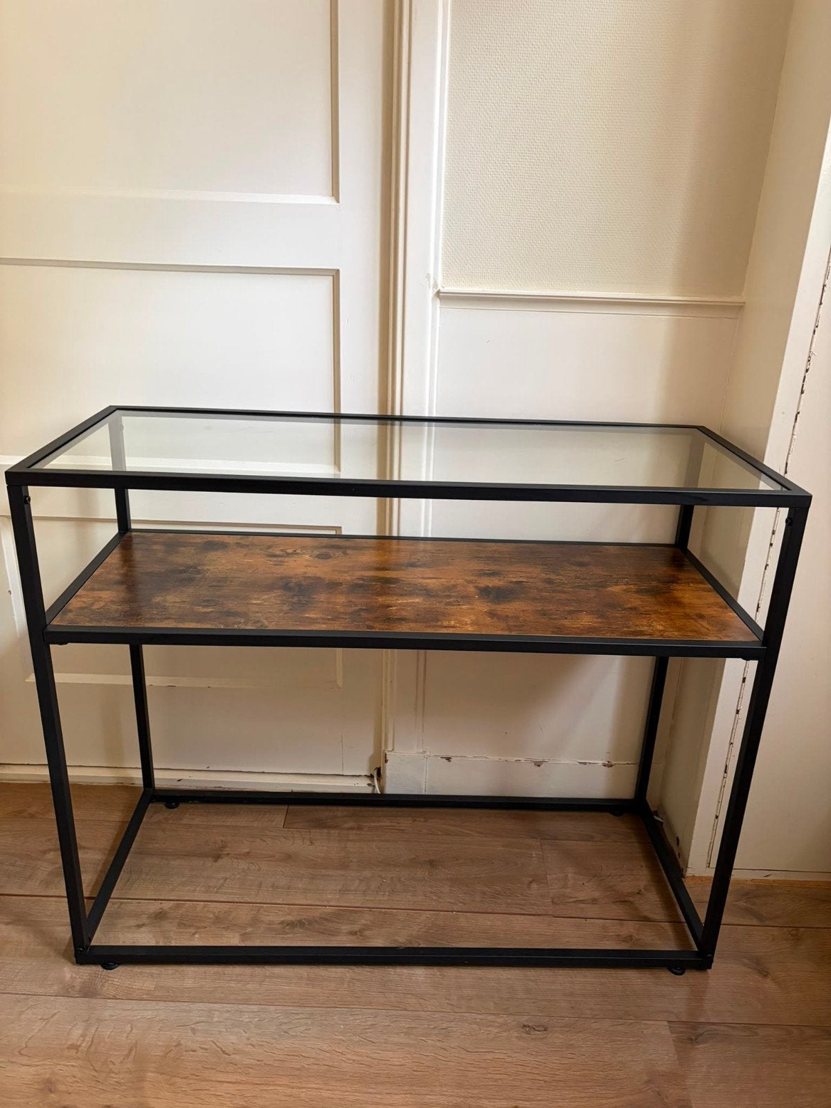 Industriële bijzettafel met glas en hout, Ophalen, Industrieel, Modern, 75 cm of meer, 60 cm of meer