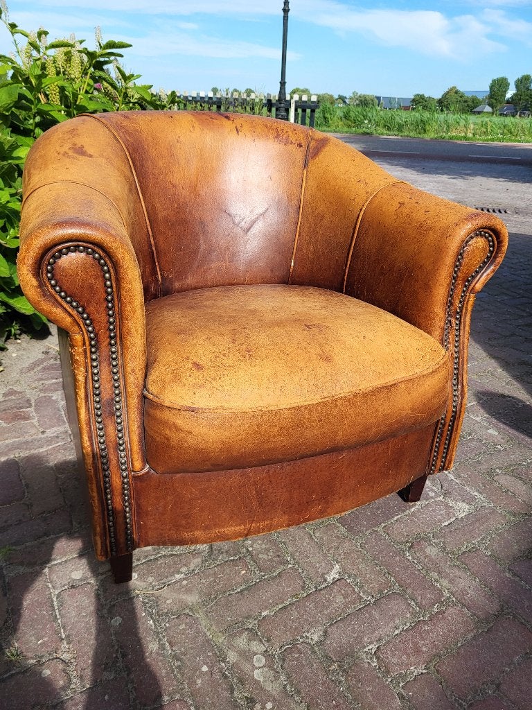 schapenleren stoel Joris en voetenbank, Ophalen, Gebruikt, 50 tot 75 cm, Leer