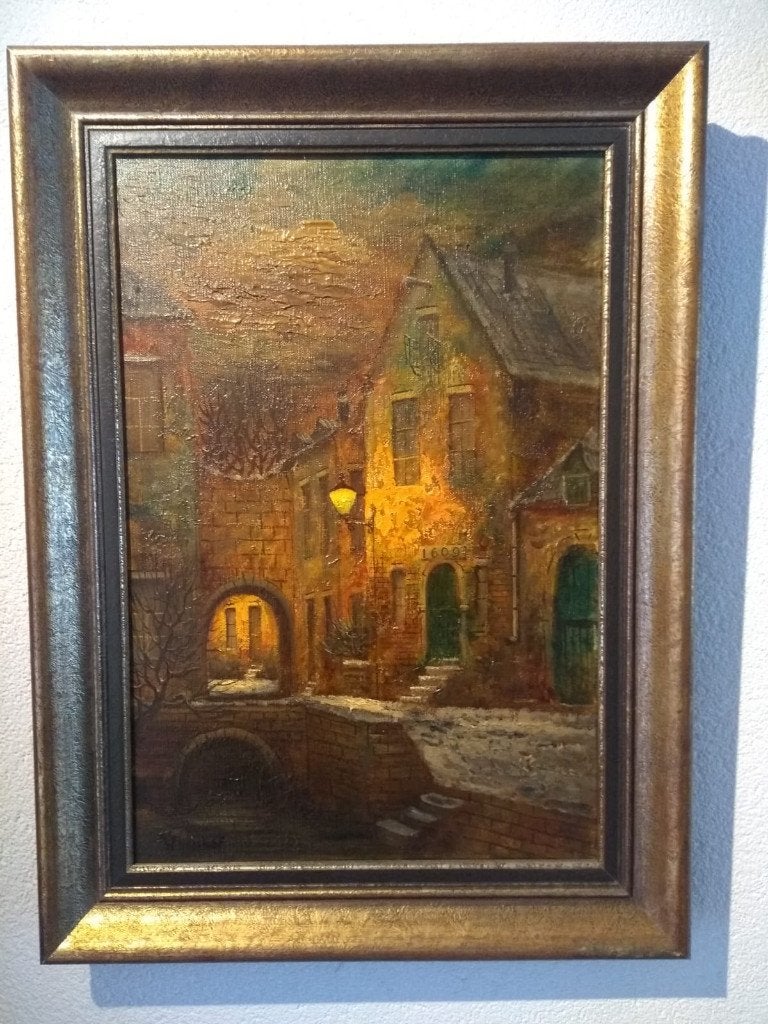 Schilderij, Antiek en Kunst, Ophalen, Gesigneerd, Stads- / dorpsgezicht, Doek